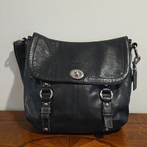 Coach Black Leather Flap Crossbody with Silver Hardware
